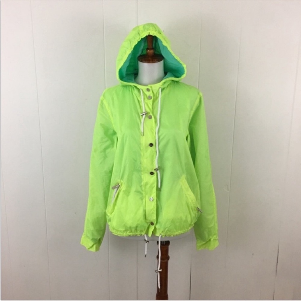 THE‎ MIGHTY COMPANY Neon Green Wind Jacket Women’s S Hood Zip Up Long Sleeve